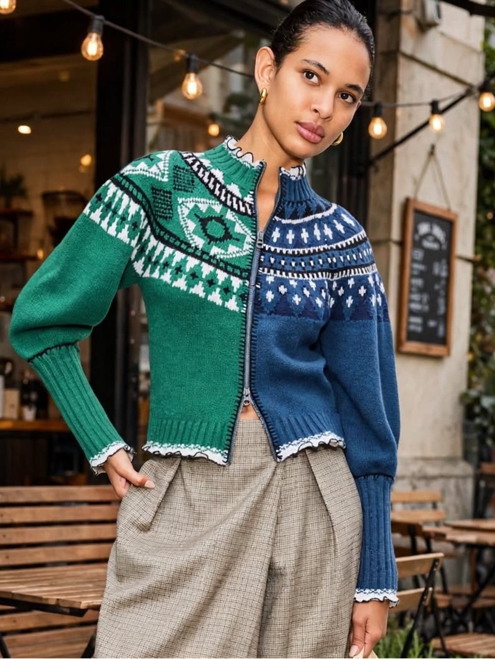 Sea New York Linea Fairisle Zip Front Cardigan
Green/Navy handkerchief Sz XS .